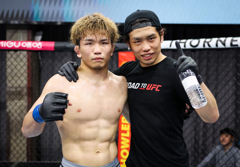 Shin Haraguchi of Japan reacts after his victory over Windri Patilima of Indonesia in a lightweight fight during the Road to UFC event at the UFC Performance Institute on May 28, 2023 in Shanghai, China. (Photo by Zhang Lintao/Zuffa LLC)