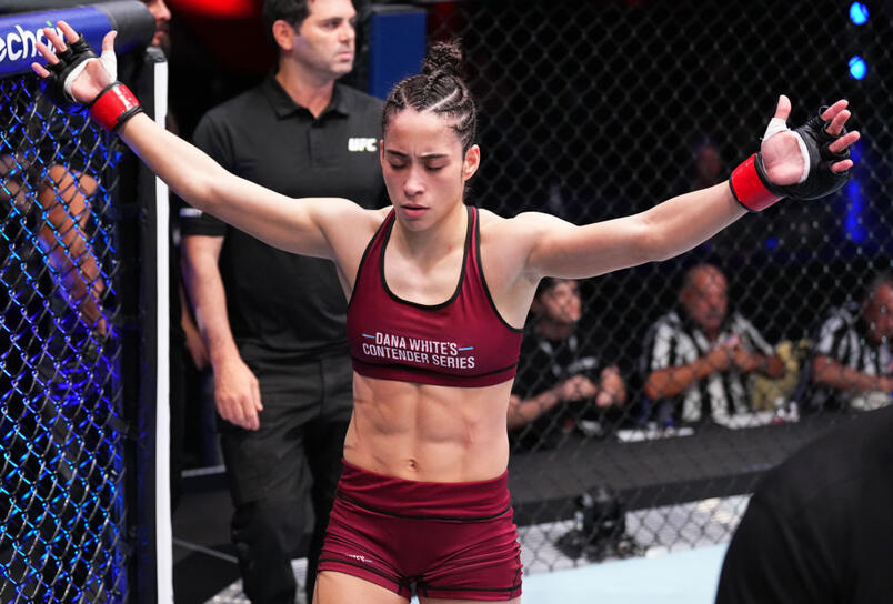 Bruna Brasil of Brazil reacts after her knockout victory over Marnic Mann in a flyweight fight during Dana White's Contender Series season six, week eight at UFC APEX on September 13, 2022 in Las Vegas, Nevada. (Photo by Chris Unger/Zuffa LLC)
