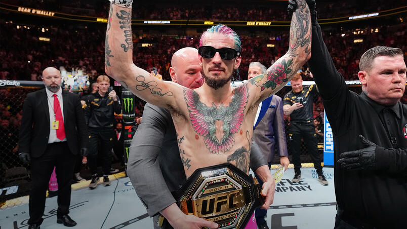 Sean O'Malley reacts after his victory against Marlon Vera of Ecuador in the UFC bantamweight championship fight during the UFC 299 event at Kaseya Center on March 09, 2024 in Miami, Florida. (Photo by Chris Unger/Zuffa LLC)