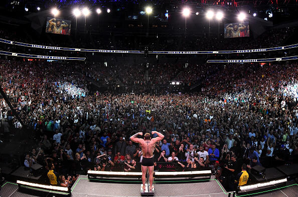 Conor McGregor of Ireland poses on the scale during the UFC 229 weigh-in inside T-Mobile Arena on October 5, 2018 in Las Vegas, Nevada. (Photo by Josh Hedges/Zuffa LLC)
