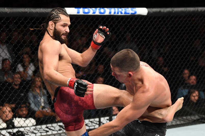 Jorge Masvidal kicks Nate Diaz in their welterweight bout for the BMF title during the UFC 244 event at Madison Square Garden on November 02, 2019 in New York City. (Photo by Josh Hedges/Zuffa LLC)