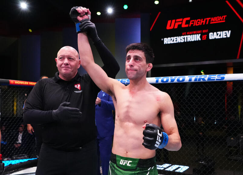 Steve Erceg of Australia reacts after knocking out Matt Schnell in a flyweight bout during the UFC Fight Night event at UFC APEX on March 02, 2024 in Las Vegas, Nevada. (Photo by Jeff Bottari/Zuffa LLC)
