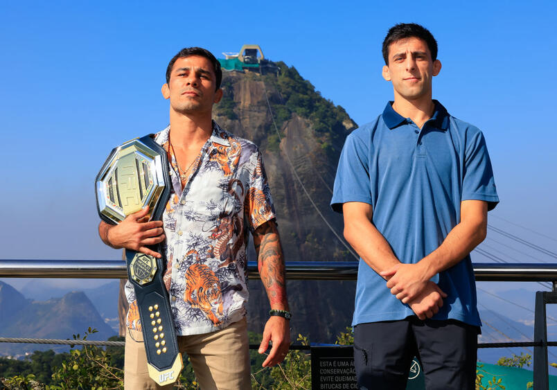 Alexandre Pantoja (L) of Brazil and Steve Erceg of Australia pose for photo prior to the UFC 301 at Sugar Loaf on April 29, 2024 in Rio de Janeiro, Brazil. (Photo by Buda Mendes/Zuffa LLC)