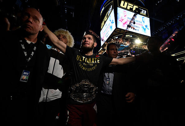 Khabib Nurmagomedov of Russia celebrates after his unanimous-decision victory over Al Iaquinta in their lightweight title bout during the UFC 223 event inside Barclays Center on April 7, 2018 in Brooklyn, New York. (Photo by Brandon Magnus/Zuffa LLC)