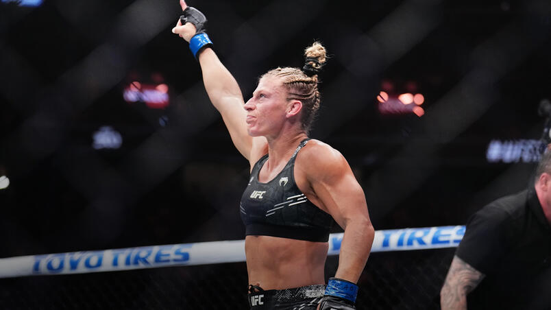 Kayla Harrison reacts to the end of the round in a bantamweight fight during the UFC 300 event at T-Mobile Arena on April 13, 2024 in Las Vegas, Nevada. (Photo by Chris Unger/Zuffa LLC)