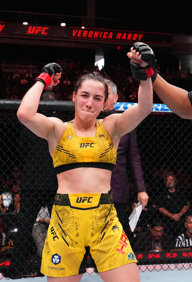 Veronica Hardy of Venezuela reacts after her victory over in a flyweight fight during the UFC Fight Night event at Moody Center on December 02, 2023 in Austin, Texas. (Photo by Josh Hedges/Zuffa LLC via Getty Images)