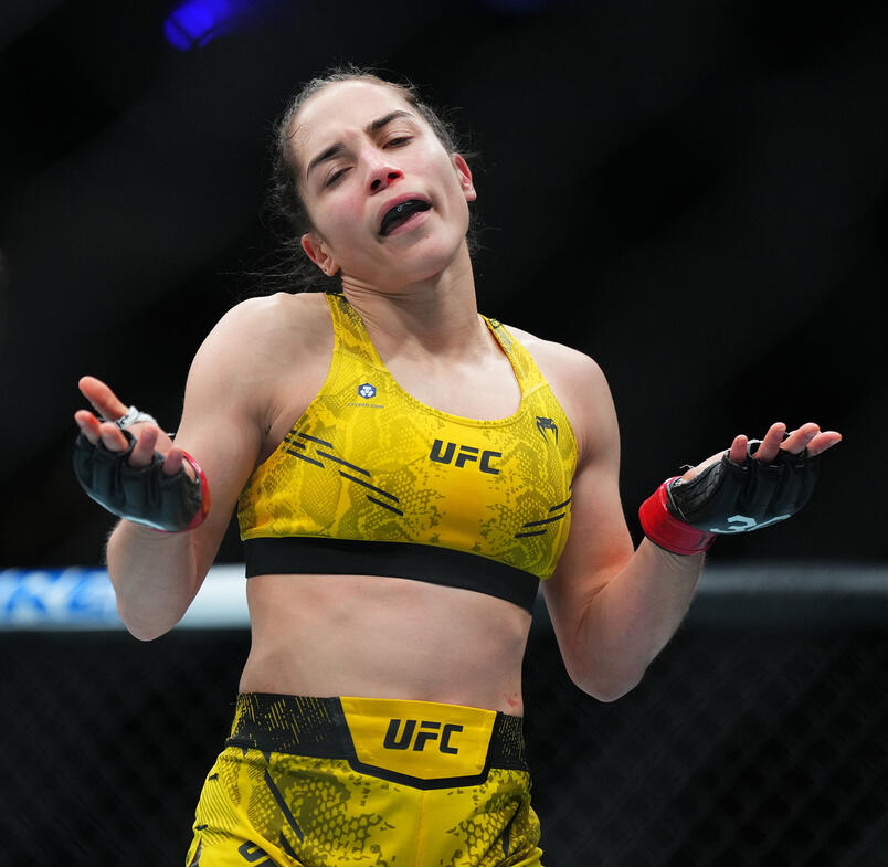 eronica Hardy of Venezuela reacts after her flyweight fight against Jamey-Lyn Horth of Canada during the UFC Fight Night event at Moody Center on December 02, 2023 in Austin, Texas. (Photo by Cooper Neill/Zuffa LLC via Getty Images)
