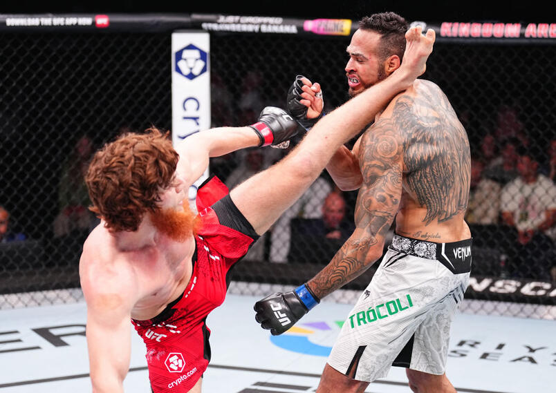 Shara Magomedov of Russia kicks Antonio Trocoli of Brazil in a middleweight fight during the UFC Fight Night event at Kingdom Arena on June 22, 2024 in Riyadh, Saudi Arabia. (Photo by Chris Unger/Zuffa LLC)