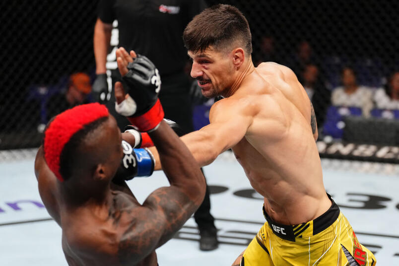 Joel Alvarez of Spain punches Marc Diakiese of The Democratic Republic of Congo in their lightweight fight during the UFC Fight Night at The O2 Arena on July 22, 2023 in London, England. (Photo by Chris Unger/Zuffa LLC)