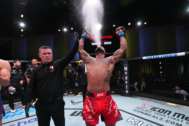 Bobby Green reacts after defeating Grant Dawson in a lightweight fight during the UFC Fight Night weigh-in at UFC APEX on October 07, 2023 in Las Vegas, Nevada. (Photo by Al Powers/Zuffa LLC)