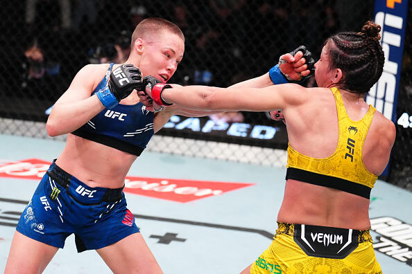 Rose Namajunas punches Amanda Ribas of Brazil in a flyweight fight during the UFC Fight Night event at UFC APEX on March 23, 2024 in Las Vegas, Nevada. (Photo by Chris Unger/Zuffa LLC)