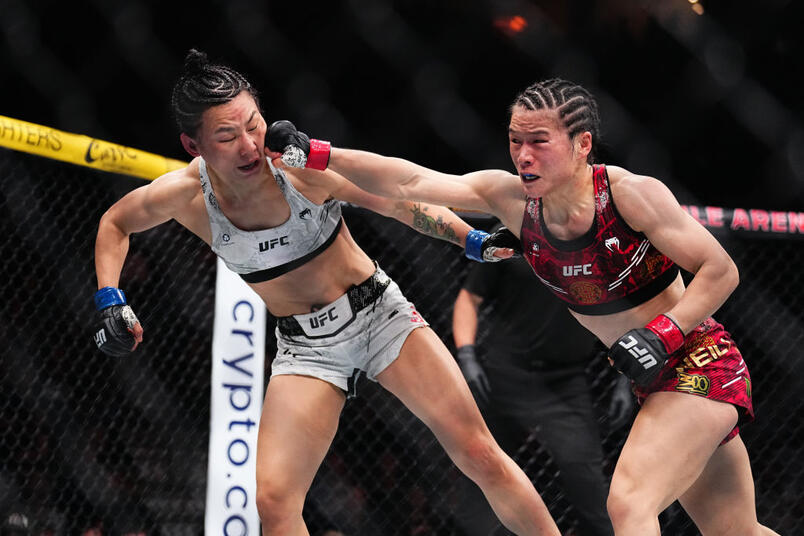 Zhang Weili of China punches Yan Xiaonan of China in the UFC strawweight championship fight during the UFC 300 event at T-Mobile Arena on April 13, 2024 in Las Vegas, Nevada. (Photo by Chris Unger/Zuffa LLC)