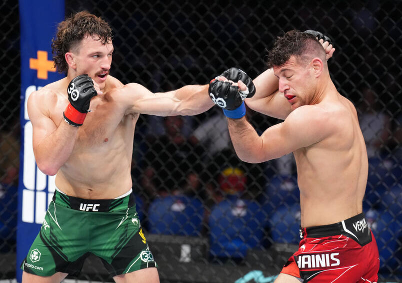 Jack Jenkins of Australia punches Don Shainis in featherweight fight during the UFC 284 event at RAC Arena on February 12, 2023 in Perth, Australia. (Photo by Chris Unger/Zuffa LLC)