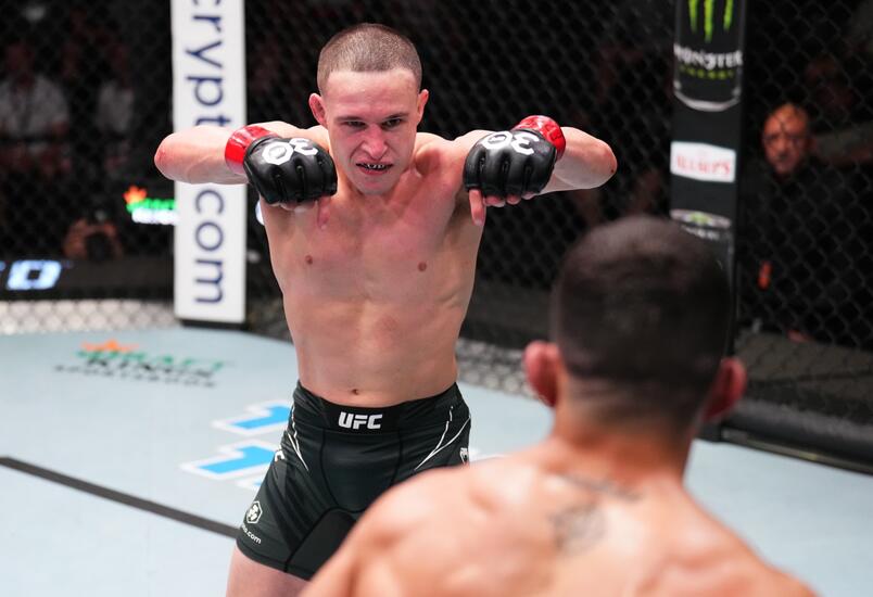 Kai Kara-France taunts Amir Albazi in a flyweight bout during the UFC Fight Night event at UFC APEX on June 03, 2023 in Las Vegas, Nevada. (Photo by Chris Unger/Zuffa LLC)