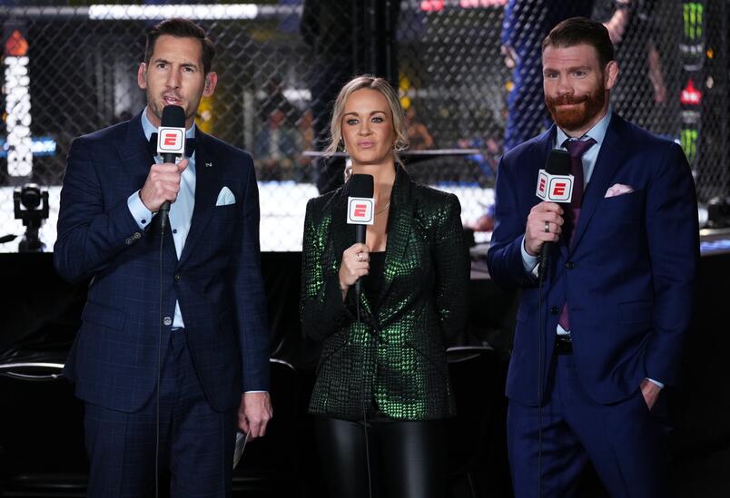 John Gooden, Laura Sanko, and Paul Felder anchor the broadcast during the UFC Fight Night event at UFC APEX on December 09, 2023 in Las Vegas, Nevada
