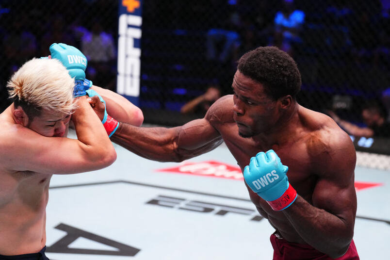 Ateba Gautier of Cameroon punches Yura Naito of Japan in a middleweight fight during Dana White's Contender Series Season Eight, Week Six at UFC APEX on September 17, 2024 in Las Vegas, Nevada. (Photo by Chris Unger/Zuffa LLC)