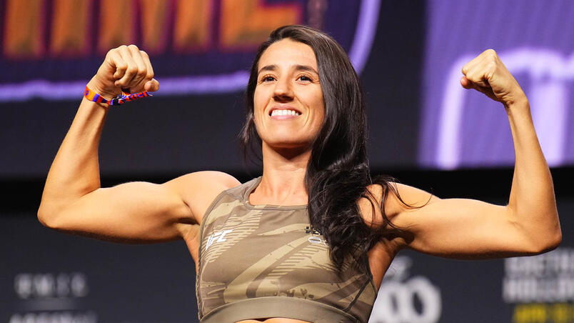 Marina Rodriguez of Brazil poses on the scale during the UFC 300 ceremonial weigh-in at MGM Grand Garden Arena on April 12, 2024 in Las Vegas, Nevada. 