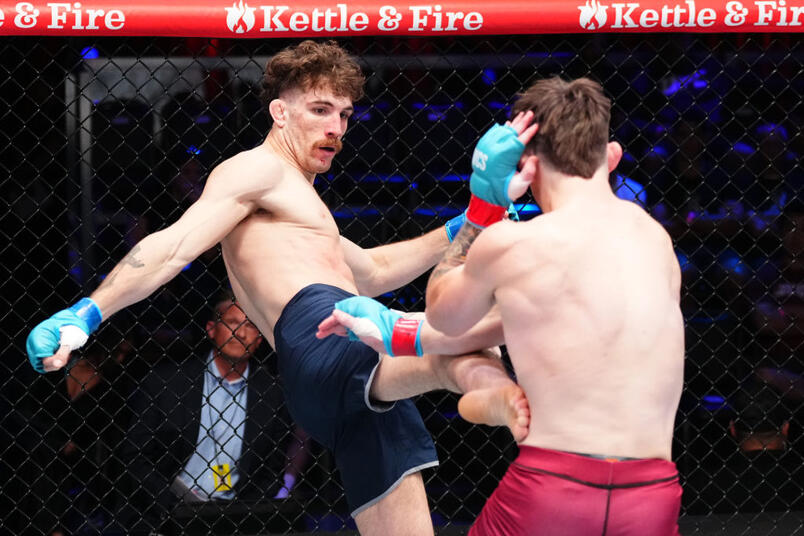 Quillan Salkilld of Australia kicks Gauge Young in a lightweight fight during Dana White's Contender Series season eight, week four at UFC APEX on September 3, 2024 in Las Vegas, Nevada. (Photo by Jeff Bottari)