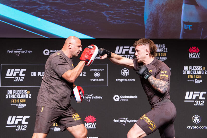 Jimmy Crute of Australia works out for fans and media during the UFC 312 open workout at Sydney Town Hall on February 5, 2025 in Sydney, Australia. (Photo by Jeff Bottari)