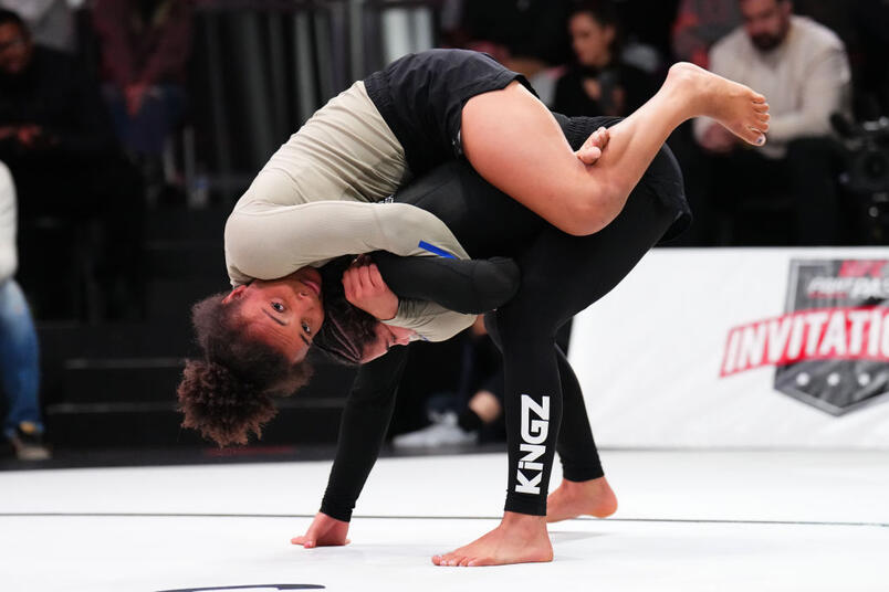 Cassia Moura works for a submission against Sarah Galvao during the UFC Fight Pass Invitational at UFC APEX on March 06, 2025 in Las Vegas, Nevada. (Photo by Chris Unger/Zuffa LLC)