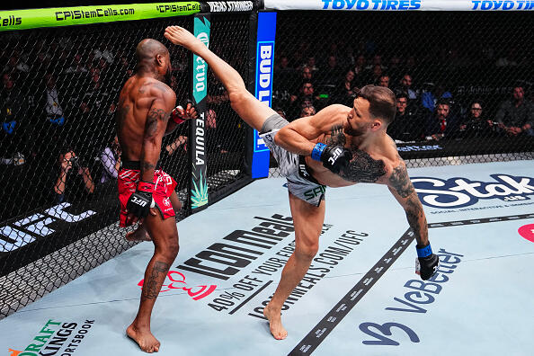 Mauricio Ruffy of Brazil kicks King Green in a lightweight fight during the UFC 313 event at T-Mobile Arena on March 08, 2025 in Las Vegas, Nevada. (Photo by Jeff Bottari/Zuffa LLC)