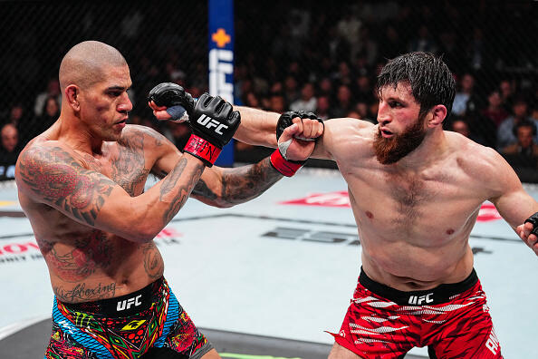 Magomed Ankalaev of Russia punches Alex Pereira of Brazil in the UFC light heavyweight championship fight during the UFC 313 event at T-Mobile Arena on March 08, 2025 in Las Vegas, Nevada. (Photo by Jeff Bottari/Zuffa LLC)