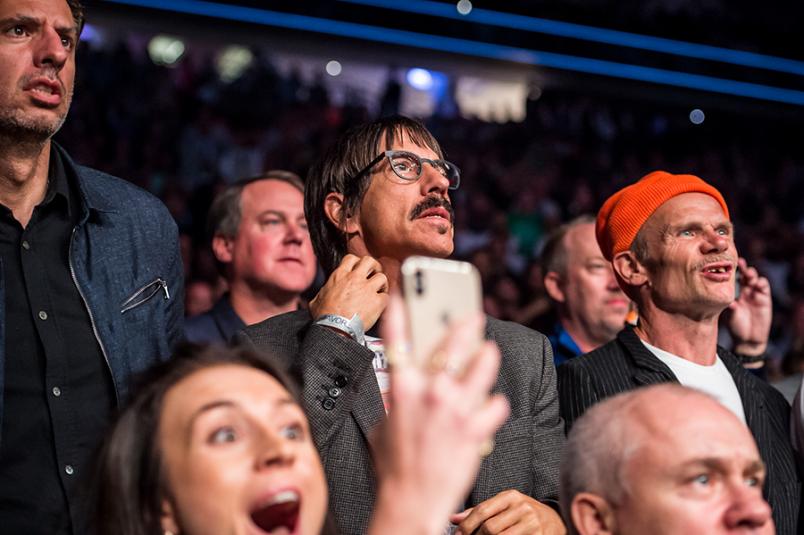 LAS VEGAS, NV - OCTOBER 06: Musicians Anthony Kiedis and Flea during UFC 229, by Christopher Pearce for UFC and Alive Coverage.