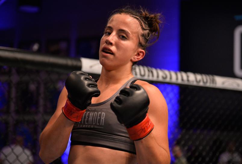 LAS VEGAS, NV - JULY 17: Maycee Barber celebrates her victory over Jamie Colleen in their womens strawweight fight during Dana White's Tuesday Night Contender Series at the TUF Gym on July 17, 2018 in Las Vegas, Nevada. (Photo by Chris Unger/DWTNCS LLC)
