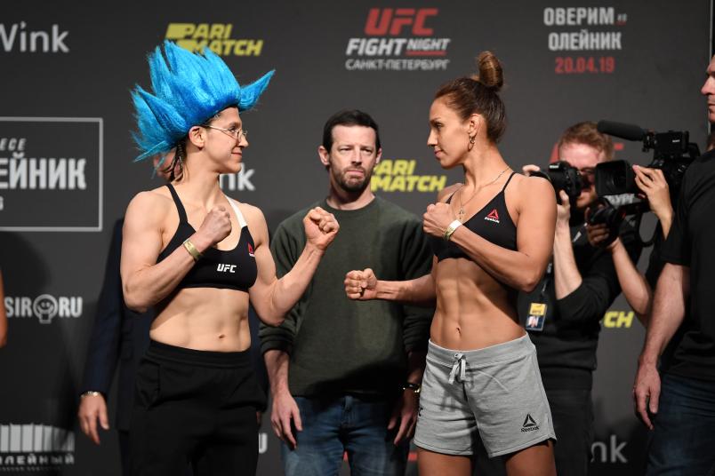Roxanne Modafferi and Antonina Shevchenko of Kyrgyzstan face off during the UFC Fight Night
