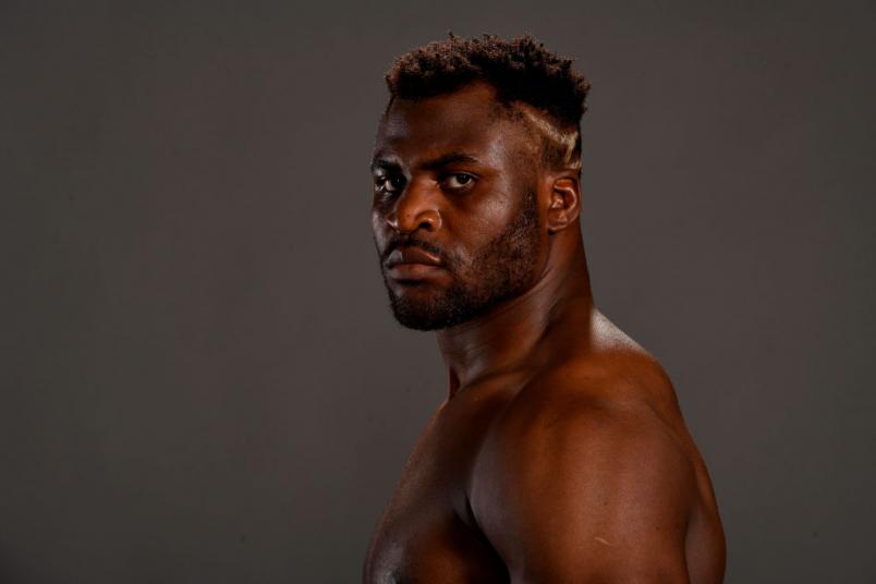 Francis Ngannou of Cameroon poses for a post fight portrait backstage during the UFC Fight Night