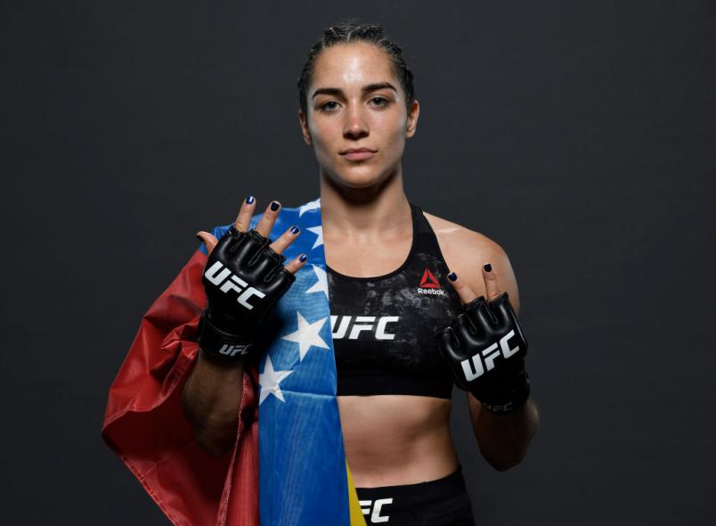 Veronica Macedo of Venezuela poses for a portrait backstage after her victory during the UFC Fight Night