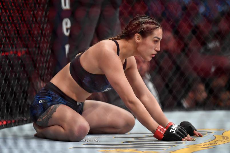Tatiana Suarez waits in her corner prior to her women's strawweight bout against Nina Ansaroff during the UFC 238