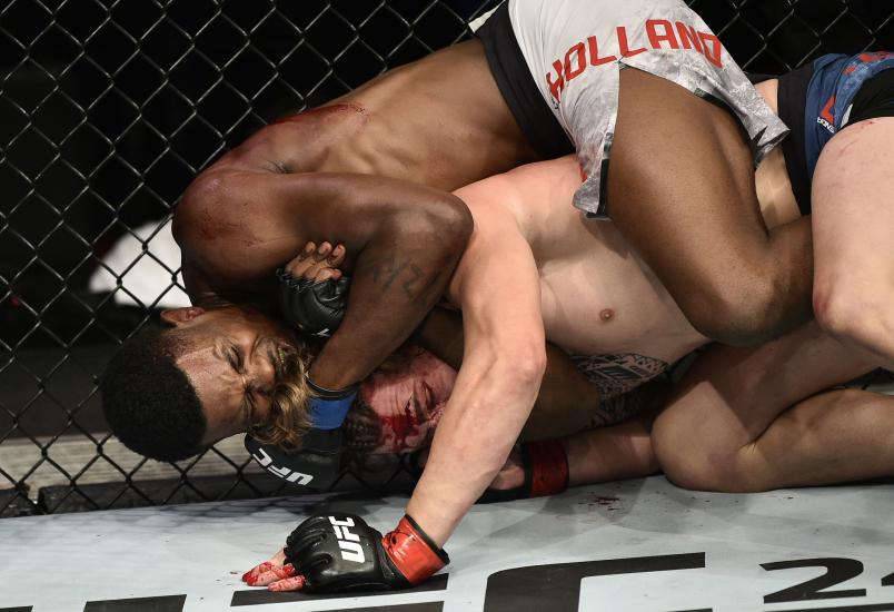 BOSTON, MASSACHUSETTS - OCTOBER 18: Kevin Holland attempts to secure a rear choke submission against Brendan Allen in their middleweight bout during the UFC Fight Night event at TD Garden on October 18, 2019 in Boston, Massachusetts. (Photo by Chris Unger/Zuffa LLC via Getty Images)