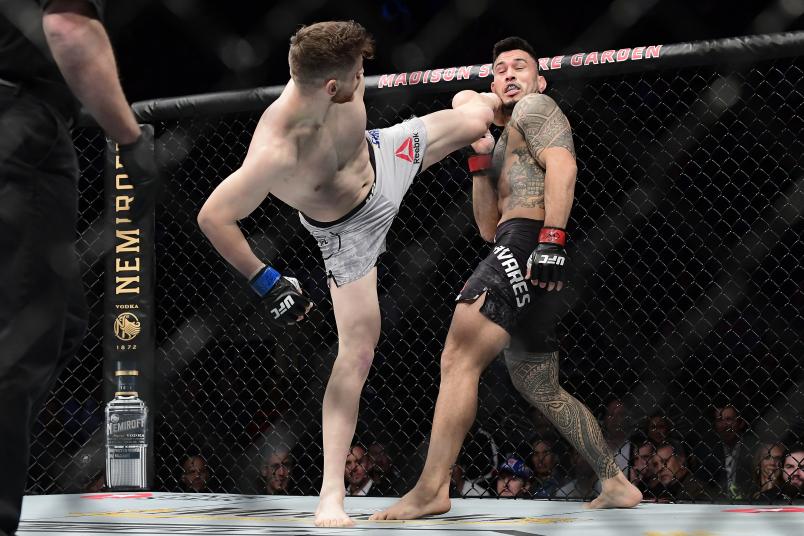 Edmen Shahbazyan of the United States (L) fights against Brad Tavares of the United States in the Lightweight bout during UFC 244