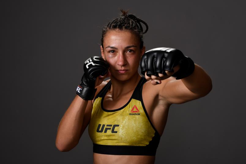 Amanda Ribas of Brazil poses for a post fight portrait backstage during the UFC Fight Night event