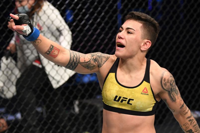 ABU DHABI, UNITED ARAB EMIRATES - OCTOBER 18: Jessica Andrade of Brazil celebrates her TKO victory over Katlyn Chookagian in their women's flyweight bout