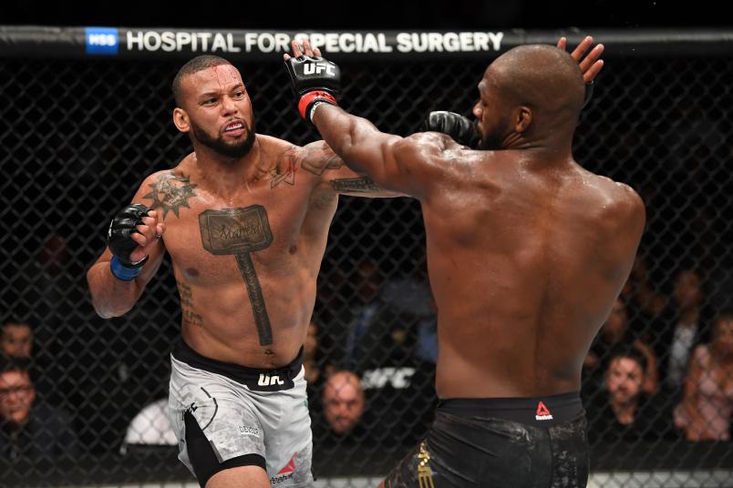 LAS VEGAS, NV - JULY 06: Thiago Silva of Brazil punches Jon Jones in their UFC light heavyweight championship fight during the UFC 239