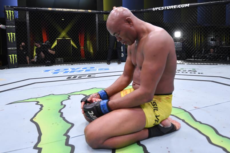 LAS VEGAS, NEVADA - OCTOBER 31: Anderson Silva of Brazil reacts after his loss to Uriah Hall in a middleweight bout during the UFC Fight Night