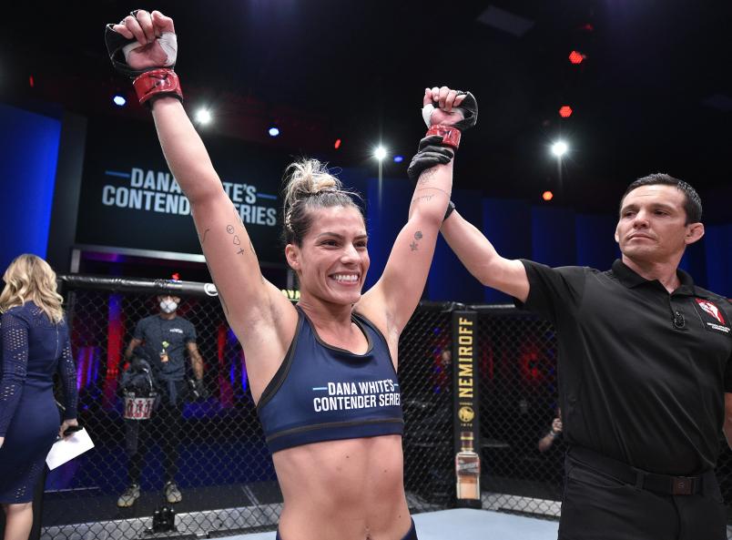 Luana Pinheiro celebrates after her knockout victory over Stephanie Frausto in their strawweight fight during Dana White's Contender Series season four