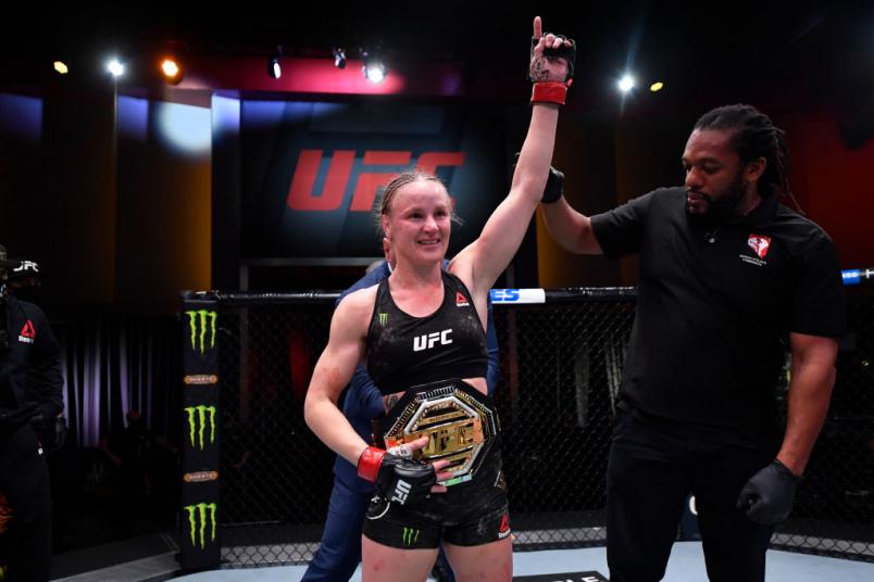 LAS VEGAS, NEVADA - NOVEMBER 21: Valentina Shevchenko of Kyrgyzstan celebrates her victory over Jennifer Maia of Brazil i