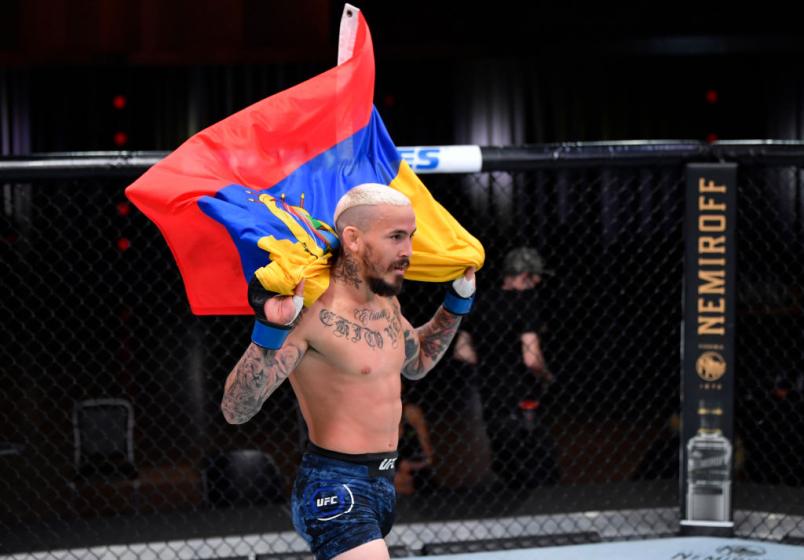 Marlon Vera of Ecuador reacts after his TKO victory over Sean O'Malley in their bantamweight bout during the UFC 252 event at UFC APEX on August 15, 2020 in Las Vegas, Nevada. (Photo by Jeff Bottari/Zuffa LLC)