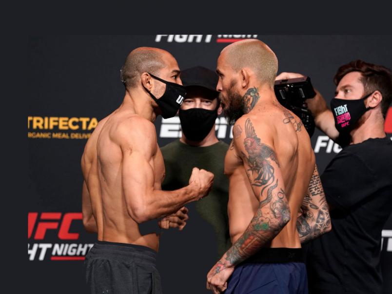 HERO - Opponents Jose Aldo of Brazil and Marlon Vera of Ecuador face off during the UFC Fight Night weigh-in