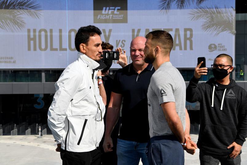 Max Holloway and Calvin Kattar face off in front of the Etihad Arena