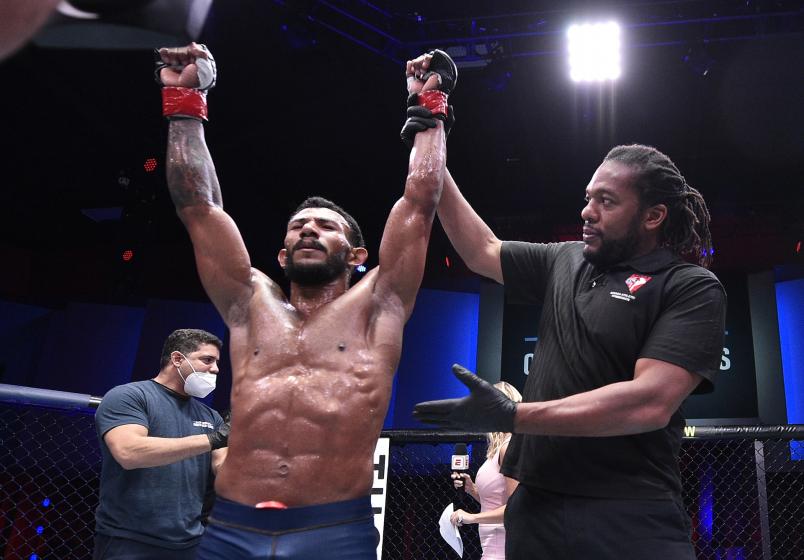 Rafael Alves celebrates after his submission victory over Alejandro Flores in a featherweight bout during week four of Dana White's Contender Series season four at UFC APEX on August 25, 2020 in Las Vegas, Nevada. (Photo by Chris Unger/DWCS LLC/Zuffa LLC)