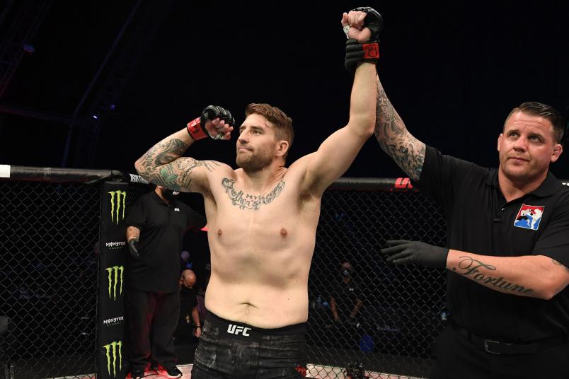 Chris Daukaus celebrates his victory over Rodrigo Nascimento of Brazil in their heavyweight bout during the UFC Fight Night event inside Flash Forum on UFC Fight Island on October 11, 2020 in Abu Dhabi, UAE (Photo by Josh Hedges/Zuffa LLC)