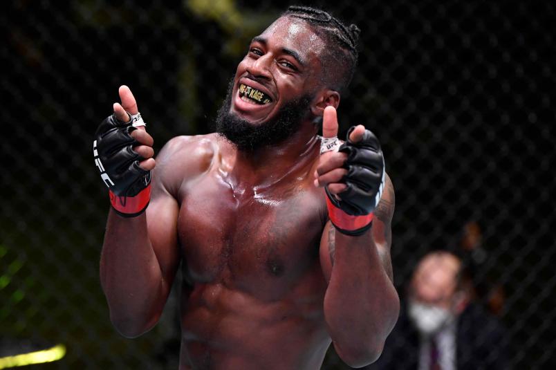 Devonte Smith reacts after his victory over Justin Jaynes in their 160-pound catchweight fight during the UFC Fight Night event at UFC APEX on February 06, 2021 in Las Vegas, Nevada. (Photo by Chris Unger/Zuffa LLC)