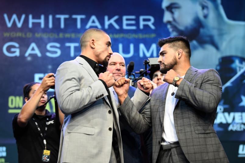 MELBOURNE, AUSTRALIA - FEBRUARY 8: (L-R) UFC middleweight champion Robert Whittaker of Australia and Kelvin Gastelum of the United States face off during the UFC 234