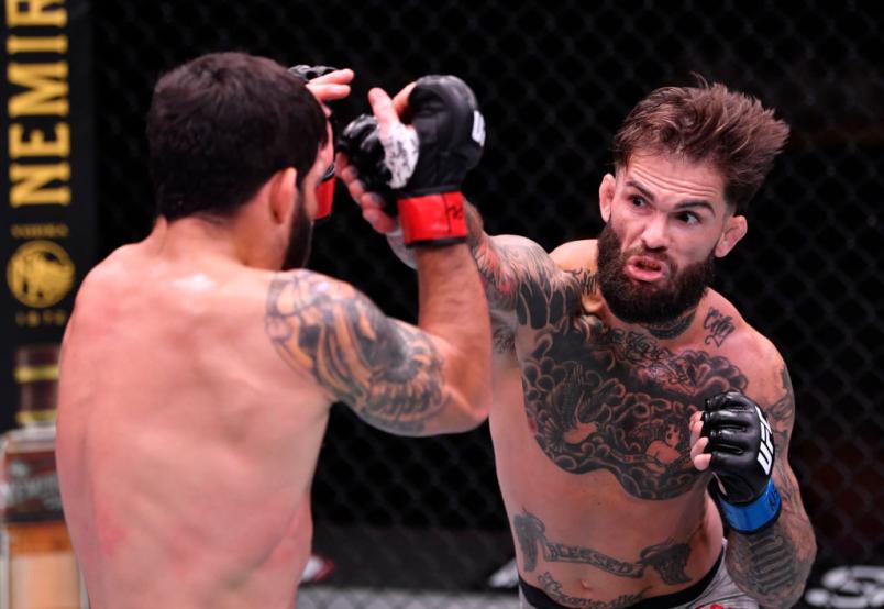 LAS VEGAS, NEVADA - JUNE 06: (R-L) Cody Garbrandt punches Raphael Assuncao of Brazil in their bantamweight bout during the UFC 250