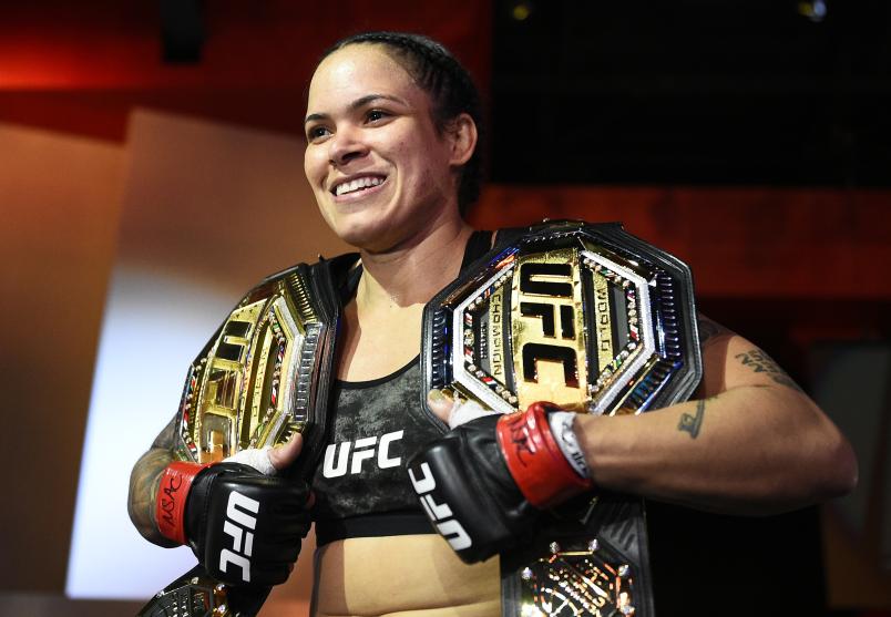 LAS VEGAS, NEVADA - MARCH 06: Amanda Nunes of Brazil reacts after her victory over Megan Anderson of Australia in their UFC featherweight championship fight during the UFC 259