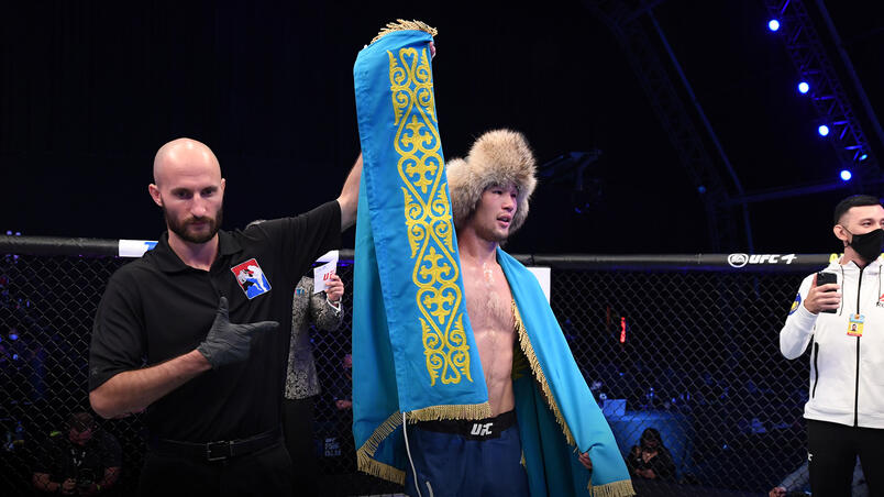 Shavkat Rakhmonov of Kazakhstan celebrates his victory over Alex Oliveira of Brazil in their welterweight bout during the UFC 254 event on October 24, 2020 on UFC Fight Island, Abu Dhabi, United Arab Emirates. (Photo by Josh Hedges/Zuffa LLC)